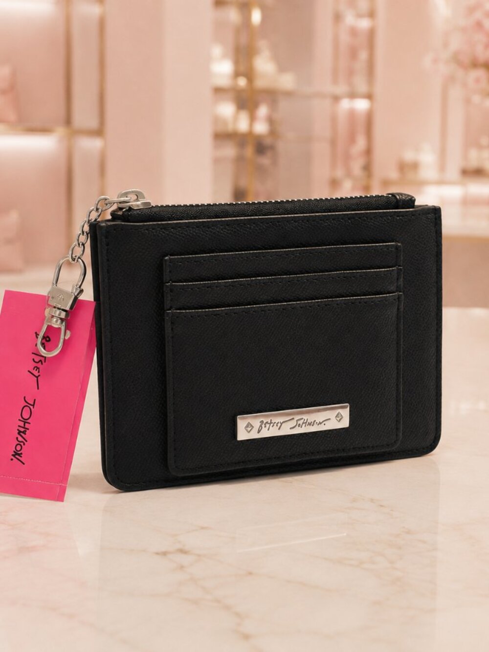 Betsey Johnson Black Heart Zip Card Holder Keychain Wallet NWT